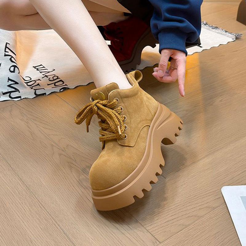 Retro Super Fire Thick-soled Heightening Martin Boots Women's Autumn New Rhubarb Boots British Versatile Short Boots