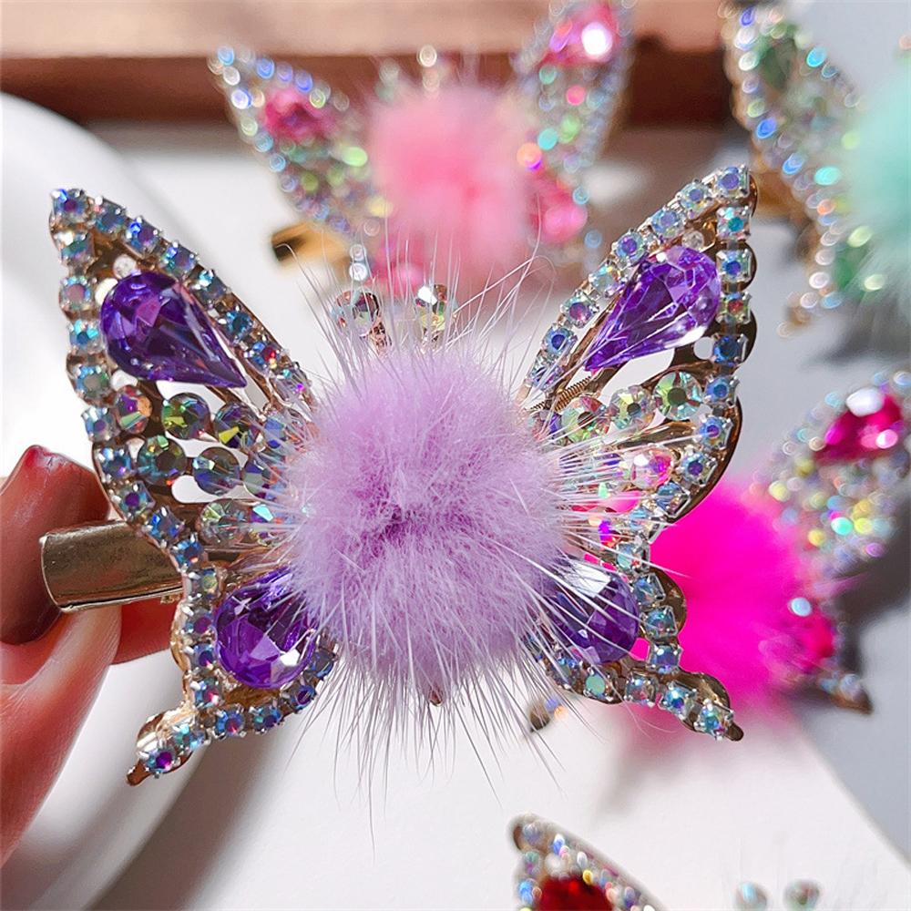 2 Pcs Butterfly Hair Clips Colorful Shiny Flying Butterfly Hairpin with Soft Hairball for Girls