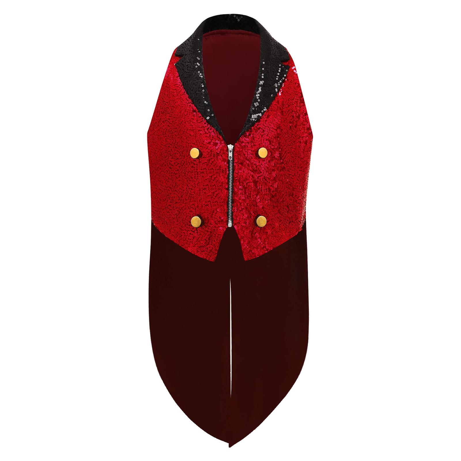 

Boys Sparkly Sequins Medieval Vest Front Zip Victorian Waistcoat Circus Tailcoat Halloween Costume 9-10 Years червоний