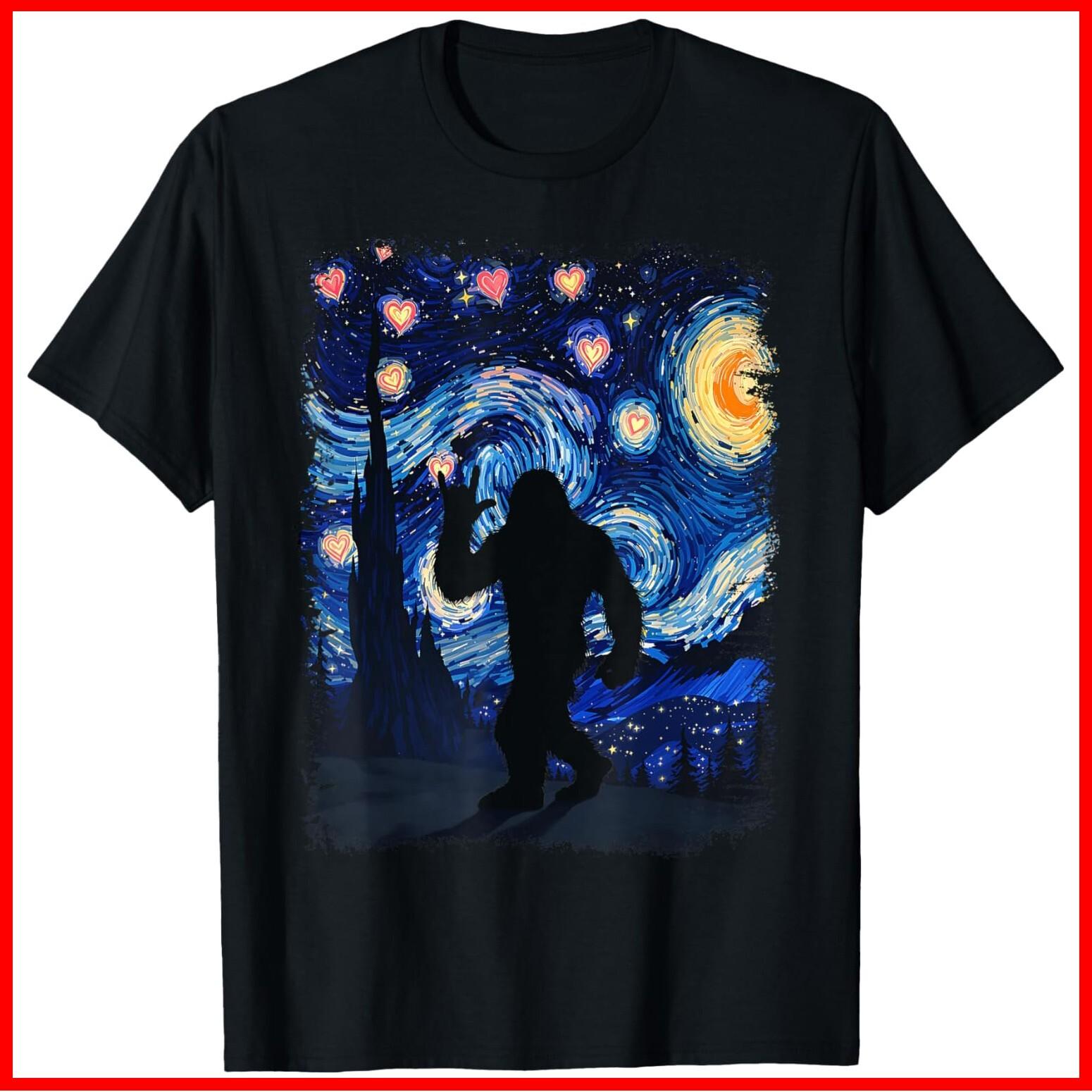 Valentine Van Gogh Starry Night Bigfoot Sasquatch Lover Black Cotton T-Shirt XXL