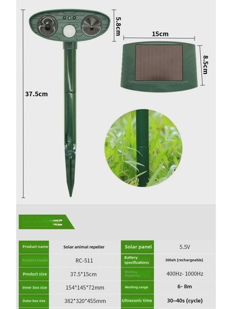 Solárny ultrazvukový odpudzovač zvierat do exteriéru