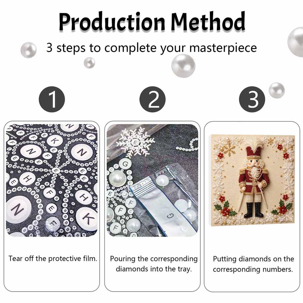 Handmade Framed Pearl Painting Set with Festive Nutcracker Design 5D Shiny Bead Art Canvas Creative Craft for Christmas Home Room Decor