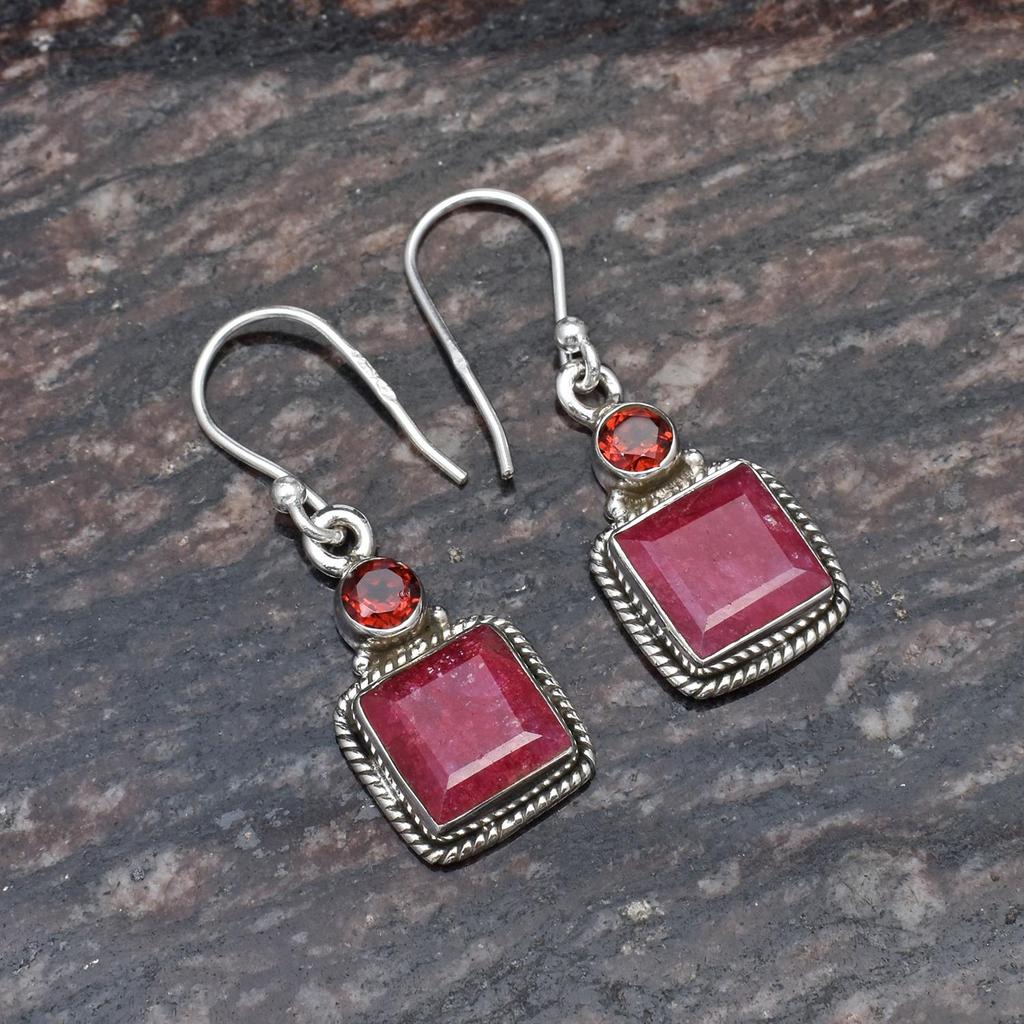 8 Mm Square Shape Natural Ruby Gemstones 925 Sterling Silver Handmade Drop Dangle Earrings For Women & Girls
