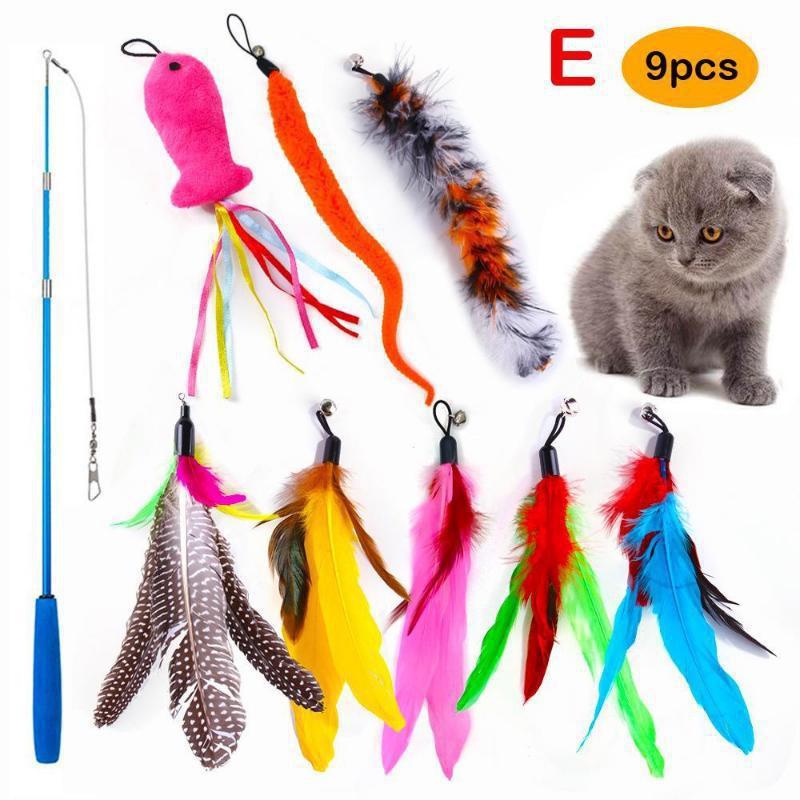 10 Styles of Cat Feather Toys,Telescopic Fishing Rod Toys for Teasing Cats,Accompanying Training, Suitable for All Kinds of Cats