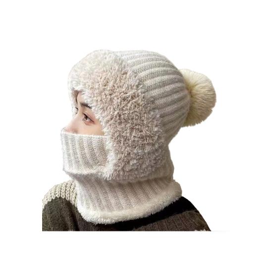 Hut mit flexiblem, verstellbarem Gesichtsschutz, einfarbig, mit Plüschball-Dekor, verdicktes Fleece