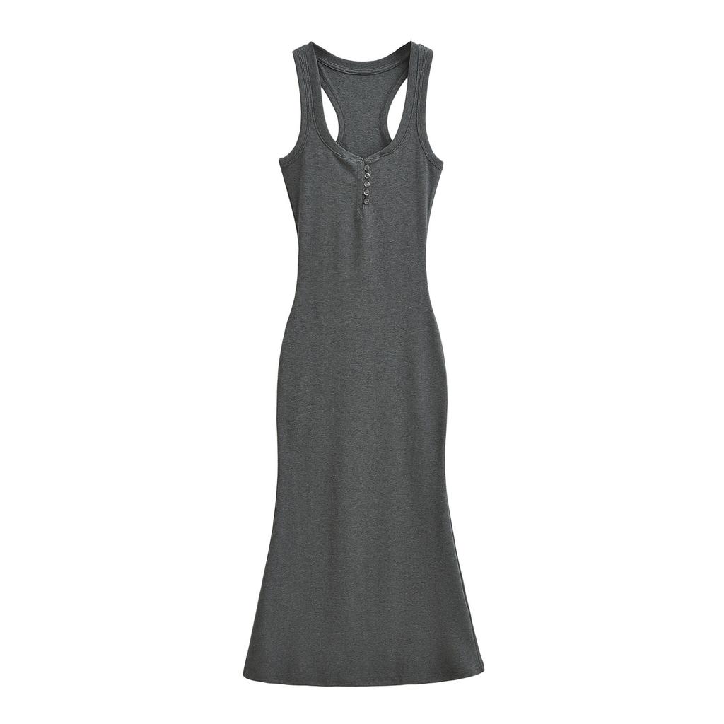 U-neck low-cut button-fitting dress, long dress, pure lust, Spice Girl sleeveless hip-wrapped skirt, slim bottom vest skirt