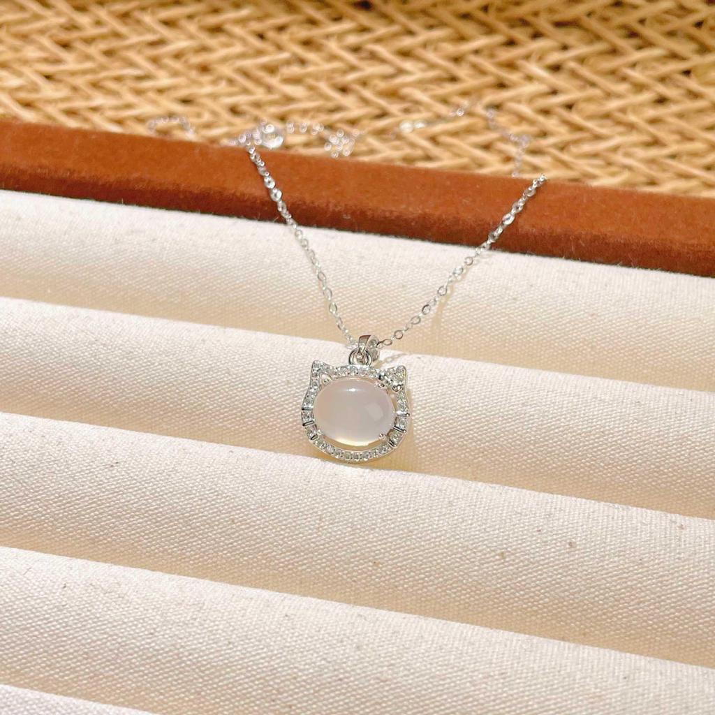 S925 Sterling Silver Chalcedony Cat Necklace with Zircon Pendant