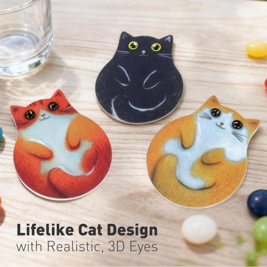 3-Pack Cat Coasters with Holder, Absorbent Felt Coasters with 3 Unique Cat Designs, Non-Slip Scratch Protection for Table, Washable Rustic Coaster