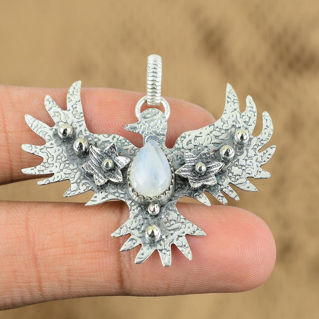 Memorial Day Deal 925 Sterling Silver Natural Rainbow Moonstone Eagle Pendant