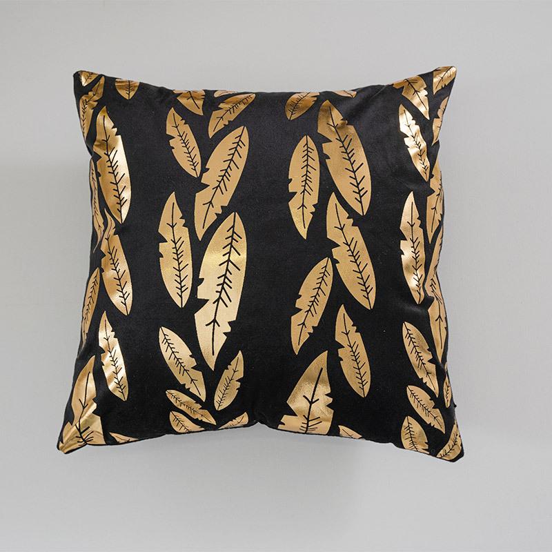 Short Plush Golden Leaf Sofa Cushion Cover, Retro Light Luxury Living Room Bedside Pillow Cover, Hot Stamping Pillow Cover