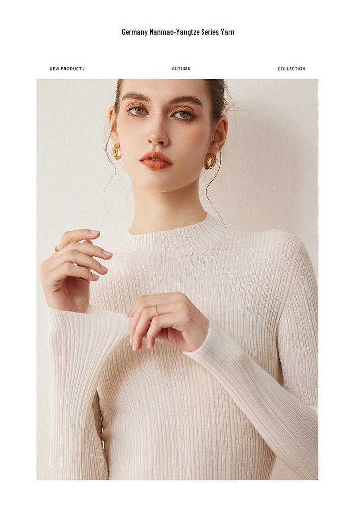2025 Autumn Women's Slim Fit Korean Style Pleated Half-High Neck Wool Sweater