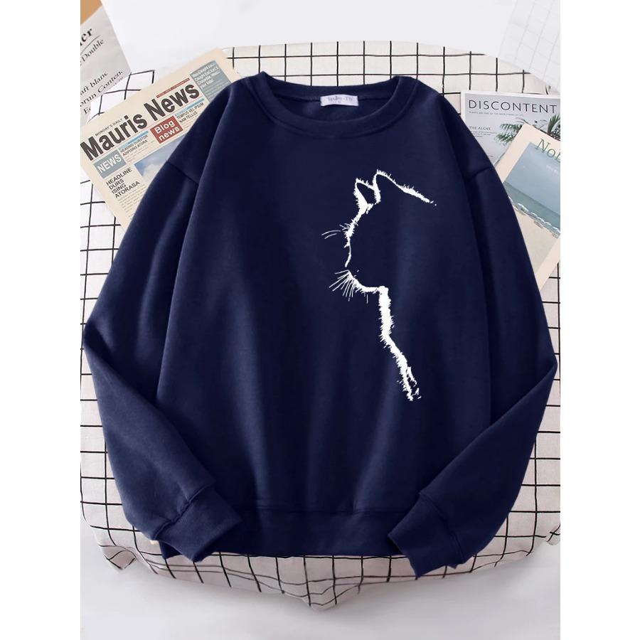 Simple Strokes of Cat Pet Print Hoody Womens Shoulder Drop All-match Hoodies Simple S-XXL Hoodie Street Quality Clothing Female
