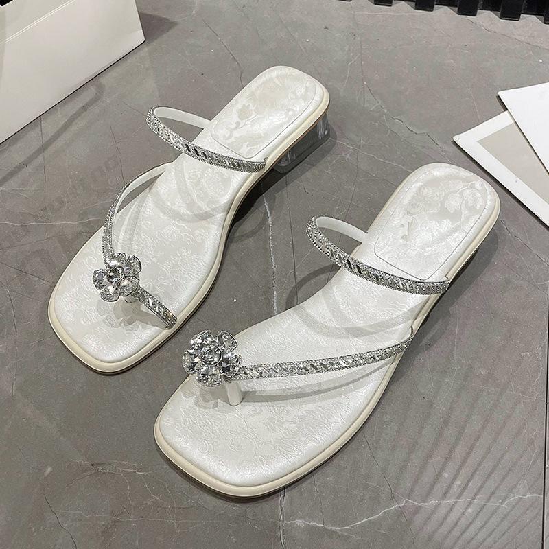Französische Pantoletten mit dickem Absatz für Damen zum Tragen 2025 Sommer neue Mode Strass coole Pantoletten vielseitige Zehen Römersandalen