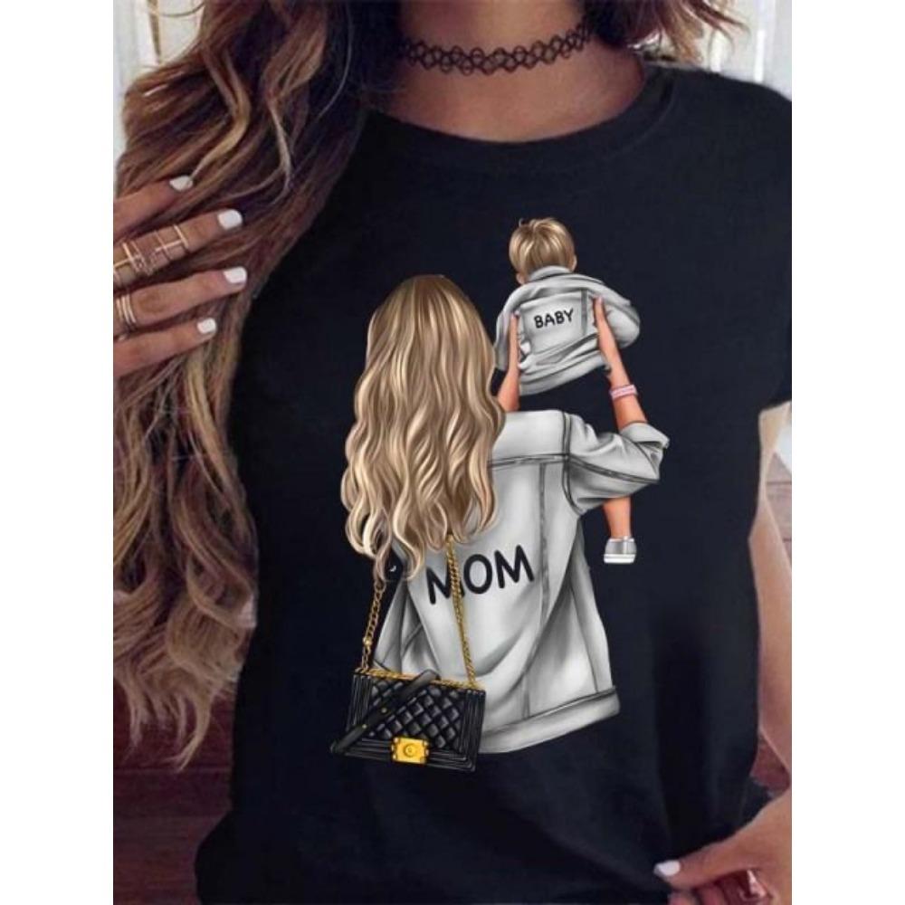 Maycaur Women T Shirt Cartoon Mom Daughter Son Print Lady T-shirts Short Sleeve Tops Women's Kawaii Graphic Female Tshirt Clothe