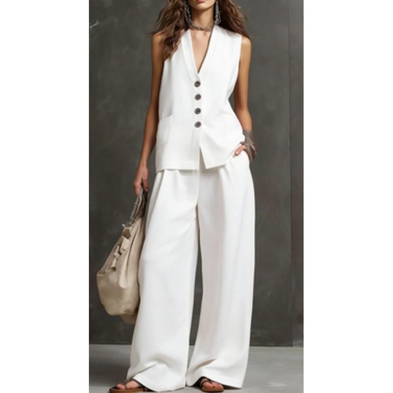 2026 Womens Linen Blend Sleeveless Vest Wide Leg Pants Set Casual Outfit In Solid Colors