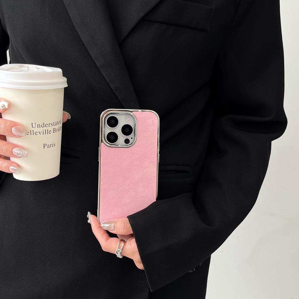16 Glossy Leather Pattern Electroplating Frame Mobile Phone Case Is Suitable for Apple 15PROMAX Creative 14 Trend 13 Large Holes 12 Stickers