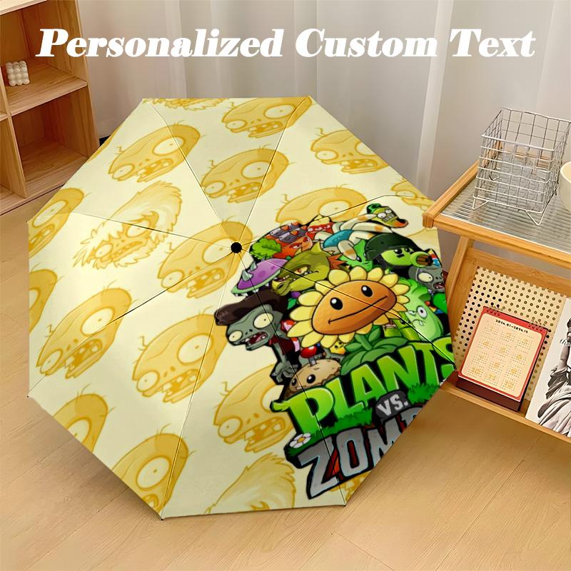 Windproof Folding Umbrella, 8‑Rib Auto Open Close Plants Vs. Zombies Umbrella for Rain Sun Protection