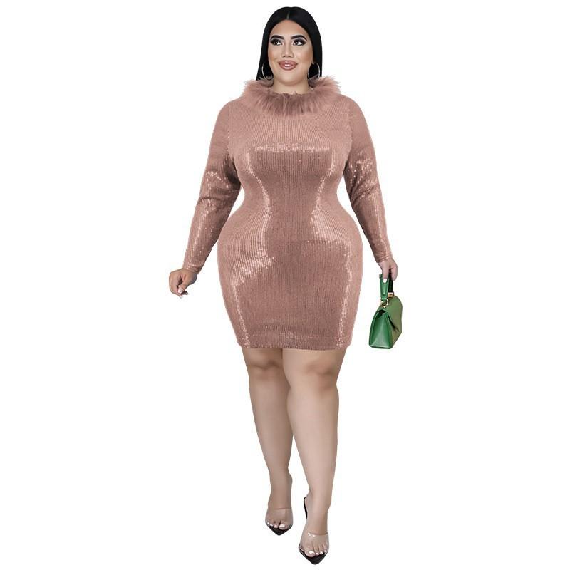 Plus Size Womens Velvet Dress With Faux Fur Collar Embellished Sequins Streetwear Long Sleeve Short Skirt Fashion