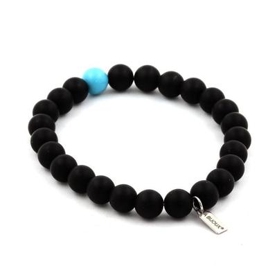 Stones and Minerals. Matte Black Onyx + Turquoise Beaded Bracelet 8 Mm. Made In France.