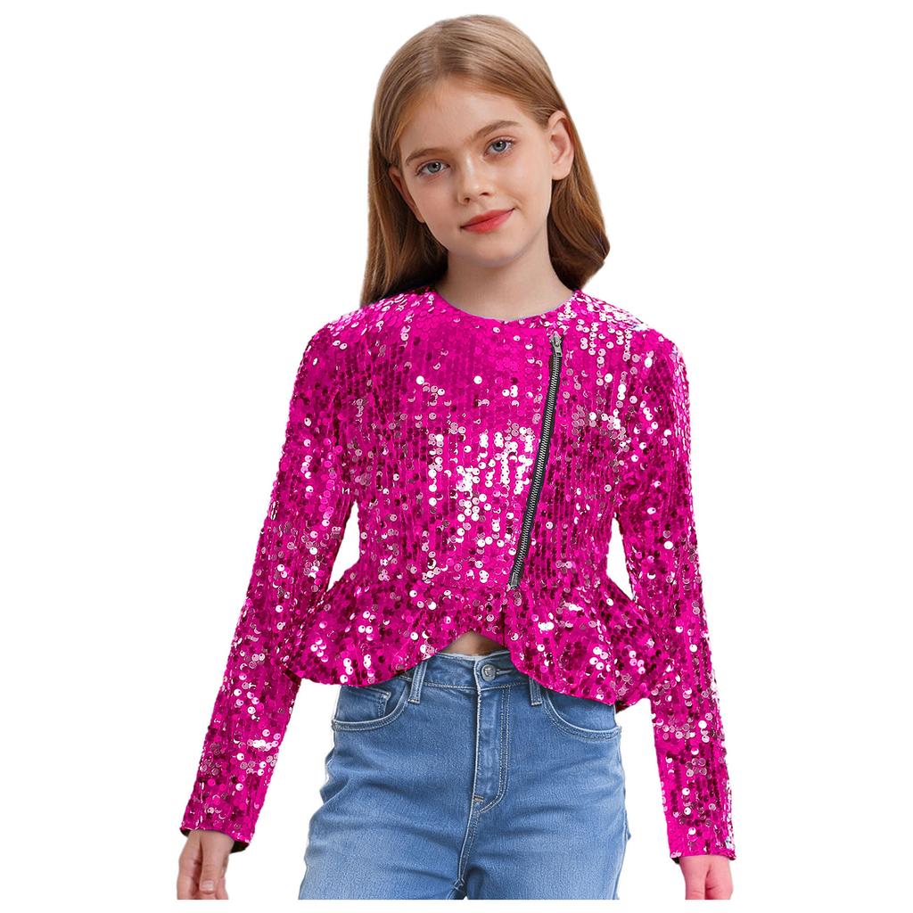 Mädchen Pailletten Strickjacke Oberteil Langarm Doppelreißverschluss Schößchen Design Cropped Jacke Geburtstagsparty Oberbekleidung