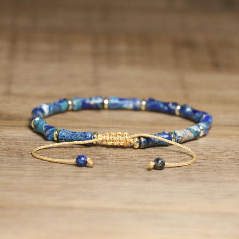 Blue Impression Jasper Tube Bead Bracelet – Gold Accent Adjustable Boho Jewelry, Protection Luck Gift for Women