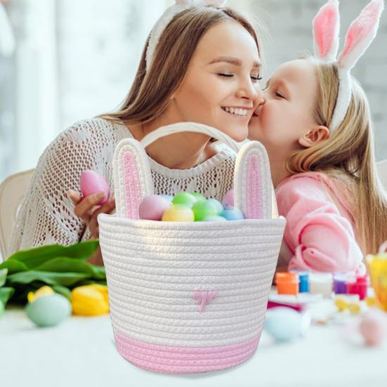 

Ручная корзина на Пасху, мультяшные кроличьи уши, сладкий цвет, ручное вязание, круглое ведро большой емкости для хранения, украшение для детского душа, свадебной вечеринки
