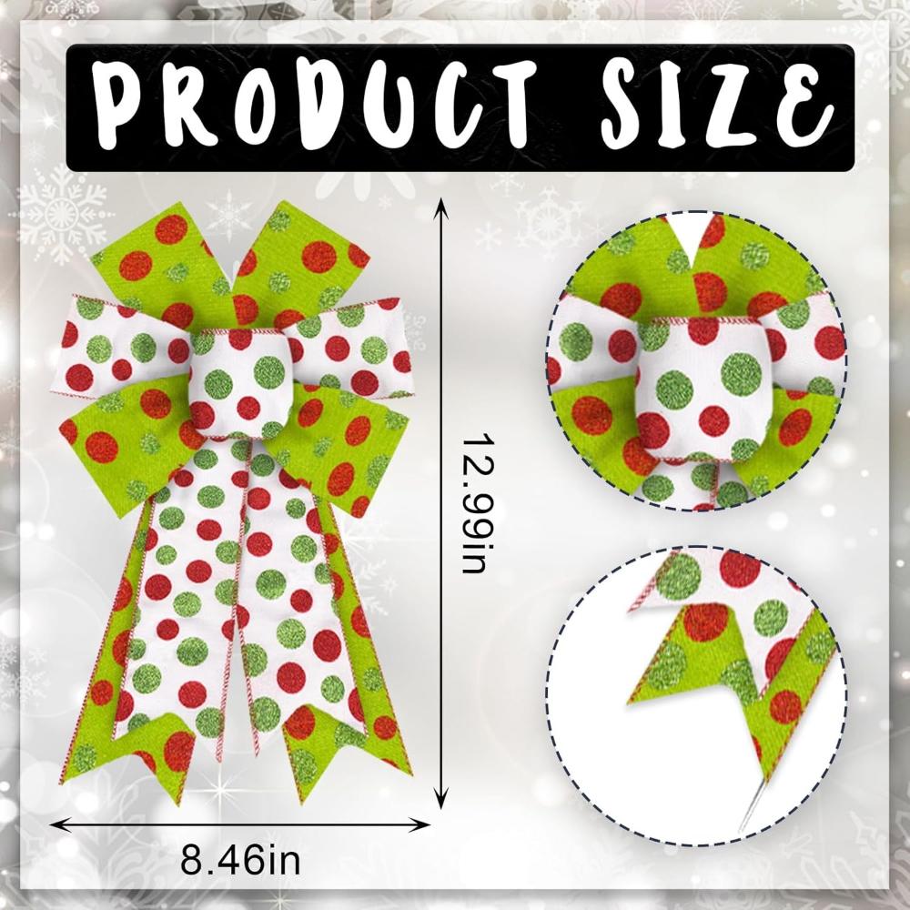 2PCS Christmas Bows for Wreath Glitter Red and Green Polka Dots Bow for Décor Winter Bow for Tree Topper Decor Supplies Ornament