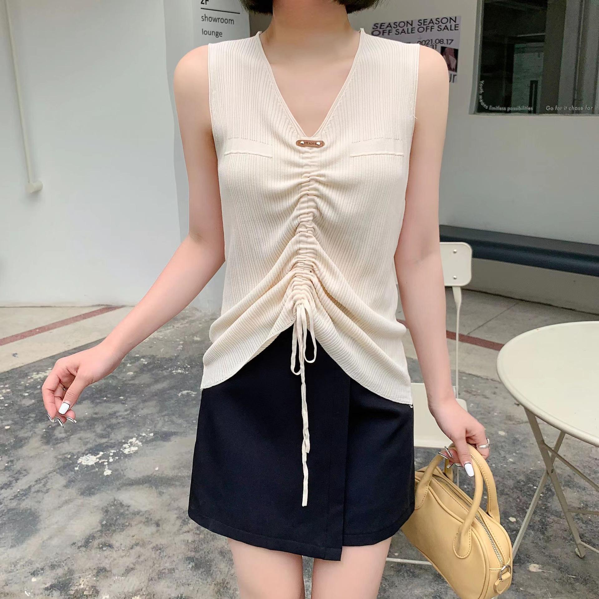 

Изогнутая вязаная майка с v-образным вырезом и завязками из бисера, женская весна-лето, однотонные топы на бретелях без рукавов с завязками