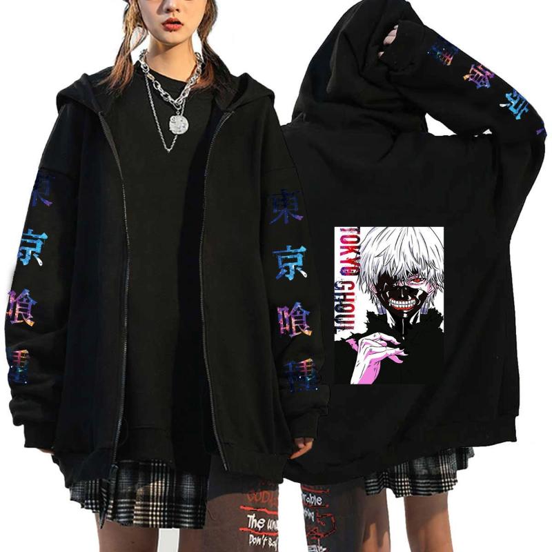 Anime Tokyo Ghoul Graphic Print Casual Loose Zipper Hooded Cardigan Sweatshirt Fashion Coat Men's Women's Clothing