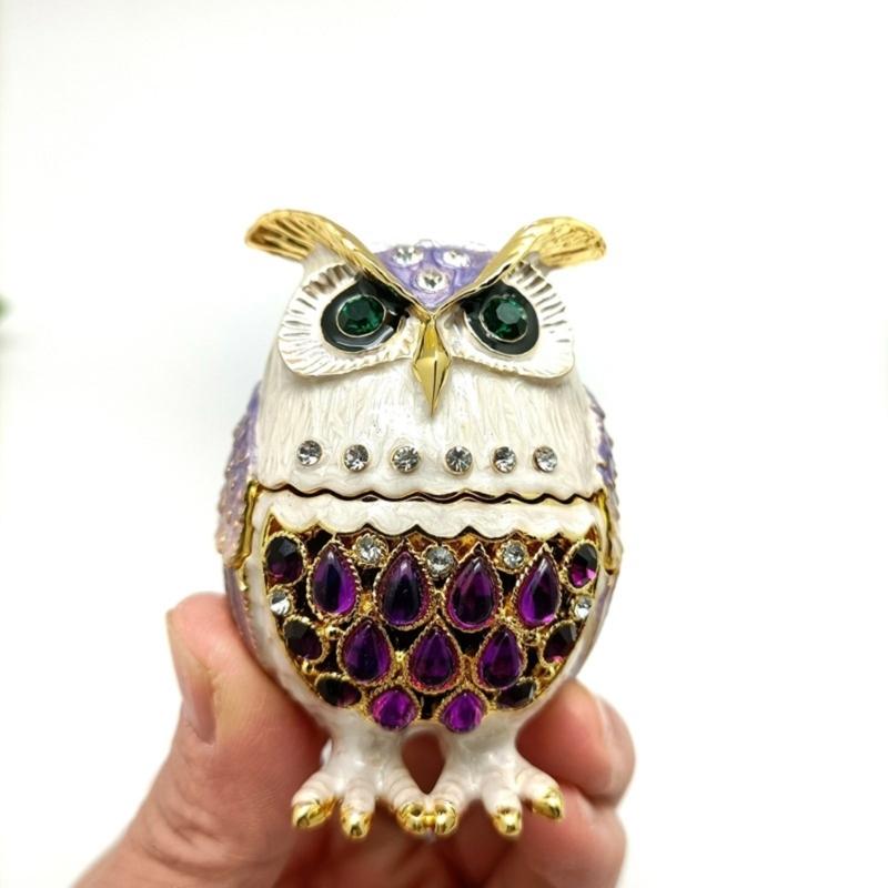 Elegant Owl Themed Jewelry Organizers With Diamonds Accent Secure Alloy Case for Rings Collections
