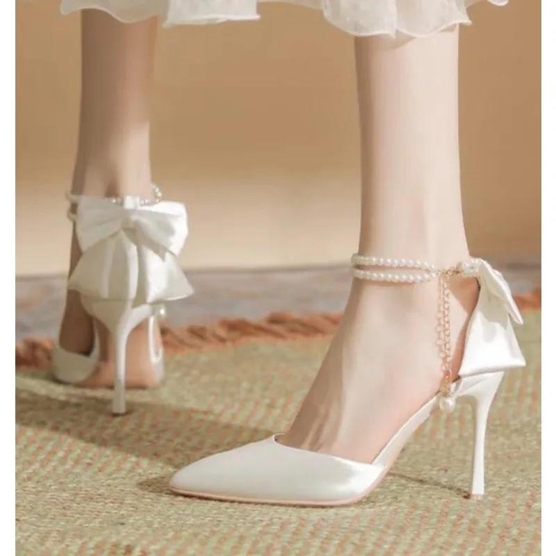 Fashion New Women Thin Heel Hollow Sandals Woman Pearl Butterfly Pointed Toe High Heels Pumps Womens Drees Shoes Wedding Shoes
