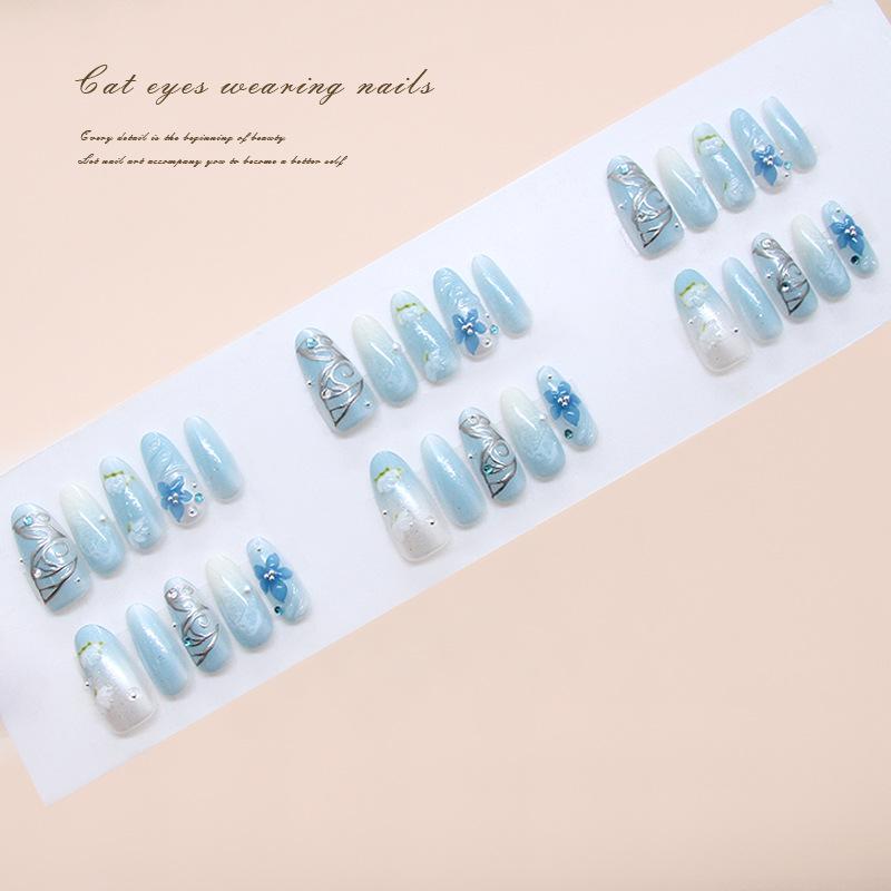 Prefabricated nail three-dimensional gradual change, silver burst flash, cool flowers, European and American ins wind removable nail art pieces 30 