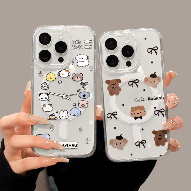 Korean Cute Cartoon Animals Transparent Magnetic Phone Case For iPhone 17 16 15 11 14 13 12 Pro Max Wireless Charging Back Cover