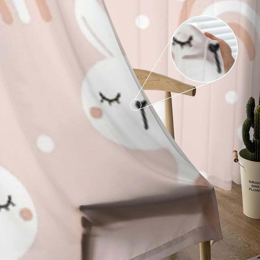 Durchsichtige Vorhänge mit Kaninchen-Cartoons und Regenbogen für Schlafzimmer, Voile-Vorhang, Wohnzimmer, Fenster, durchsichtige Vorhänge, Küche, Tüllvorhänge