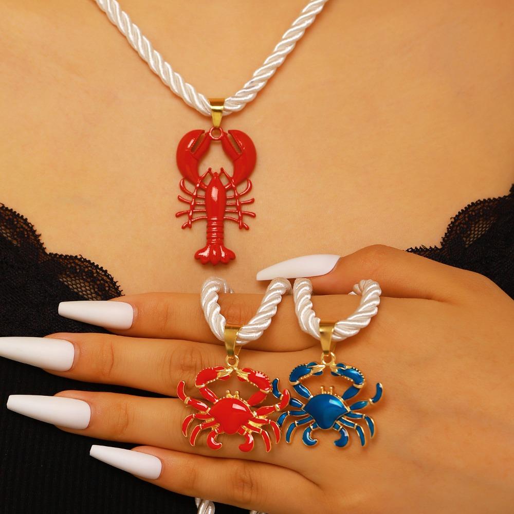 Cute Colorful Enamel Crab Lobster Ocean Animal Pendant White Rope Chain Necklace for Men Women Ocean Style Vacation Jewelry Gift