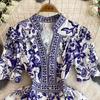 Summer Women Designer Vintage Print Runway Dress Elegant V-neck Single Breasted Party Dresses