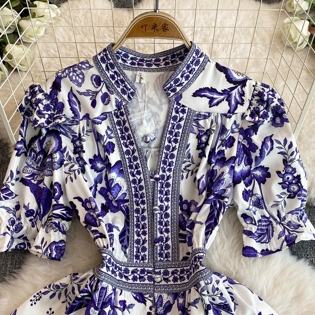 Summer Women Designer Vintage Print Runway Dress Elegant V-neck Single Breasted Party Dresses