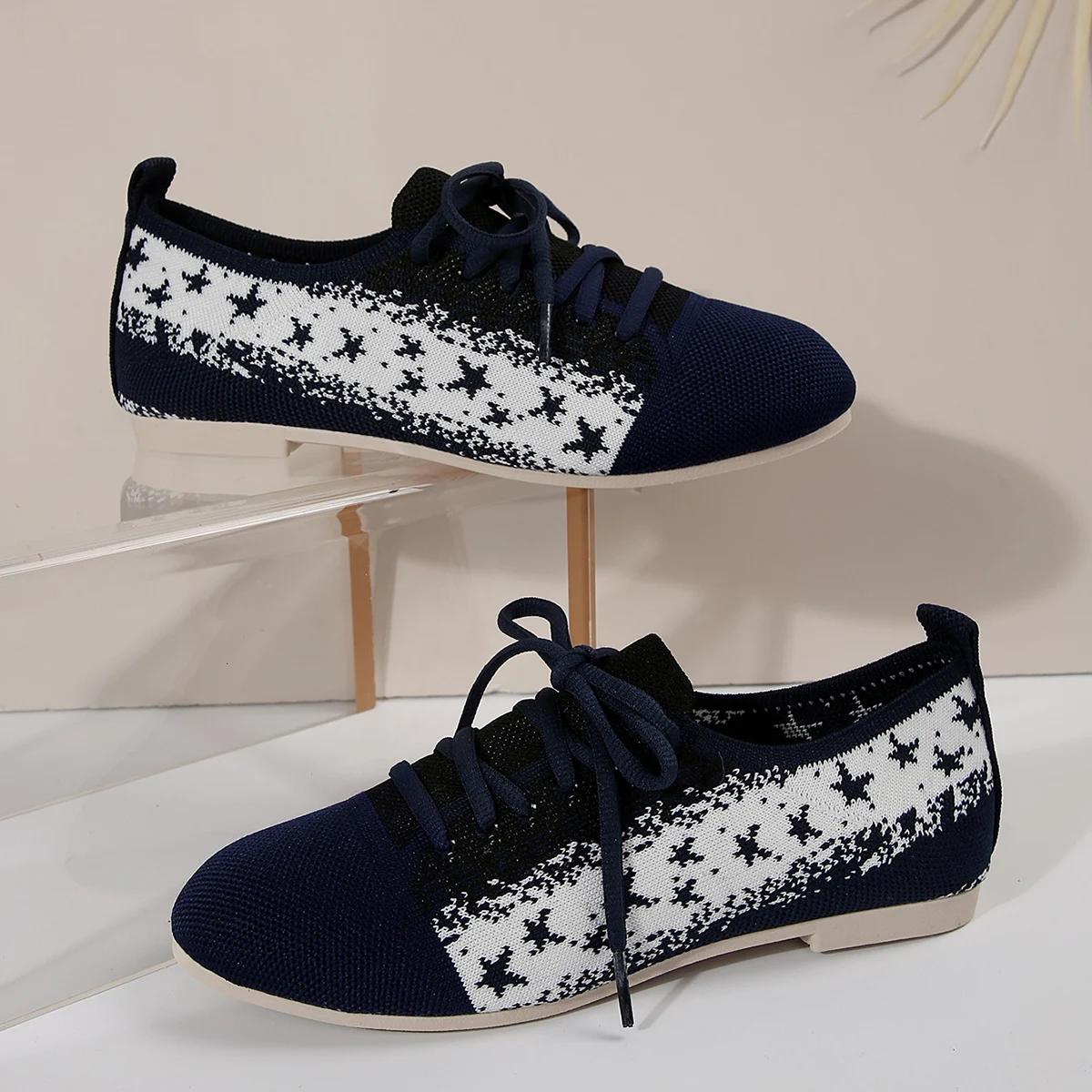 

Женские туфли на плоской подошве с круглым носком, женская мода, осенняя повседневная обувь на шнуровке, вязаные сетчатые дышащие туфли на плоской подошве, женские кроссовки 43 синий