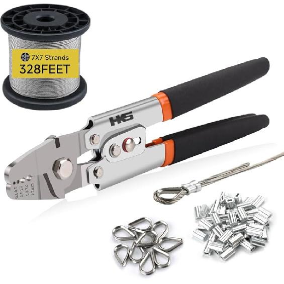 HKS Wire Rope Crimping Tool for Loop Sleeves, Aluminum Double Tube Ferrule Crimper for Fishing Line up to 2.2 mm with Cutting Function