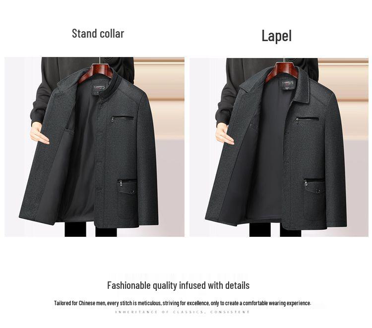 Men's Plus Velvet Turn-Down Collar Jacket for Middle-Aged and Elderly - Thick Autumn/Winter Business Coat