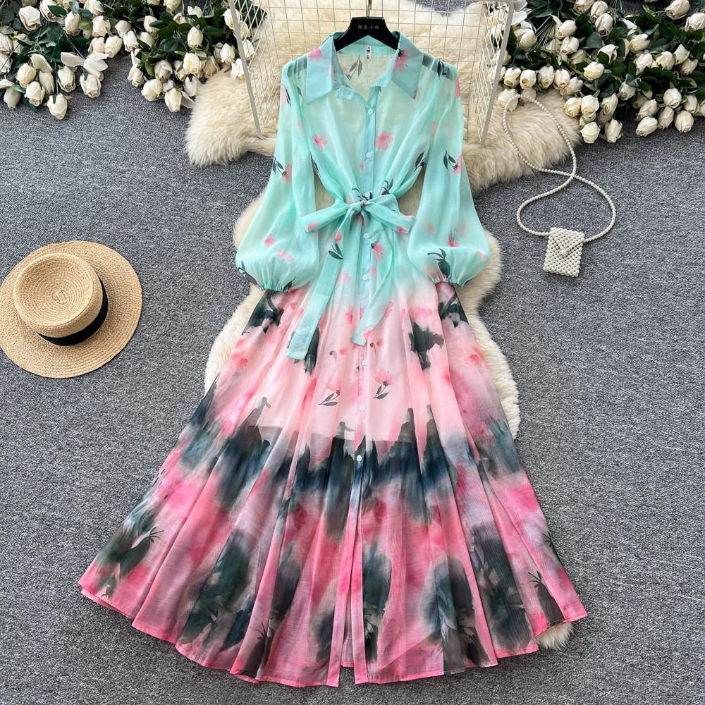 Gentle wind tie-dye gradual change printing temperament dress women's autumn long-sleeved waist A-shaped skirt vacation style commuter skirt