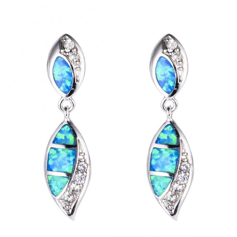 

European and American big-name exaggerated sterling silver double water drop-shaped blue opal + white diamond earrings, exquisite jewelry
