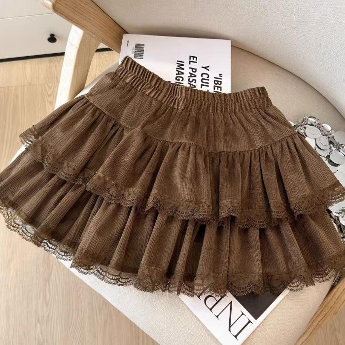 European Cotton Velvet Lace-Trimmed A-line Mini Skirt with Elastic Waist for Autumn & Winter