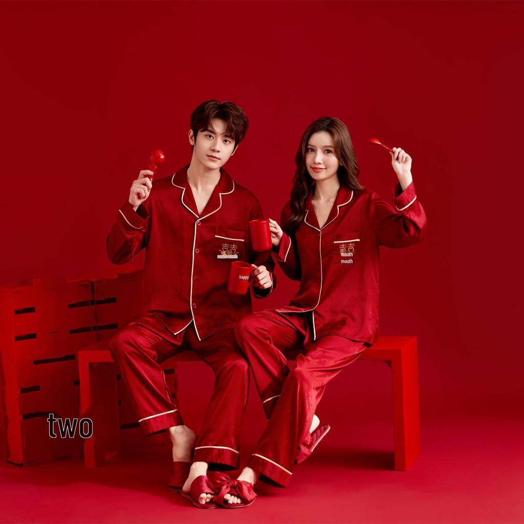 Red Double Happiness Embroidered Ice Silk Couple Pajamas Set for Bride and Groom