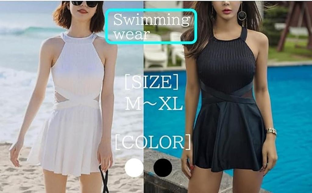 high halter [1/2plus] Swimsuit, one-piece, neck, flared, body-covering, two-piece set, plain, monotone, waist, neck, women's (XL, black)