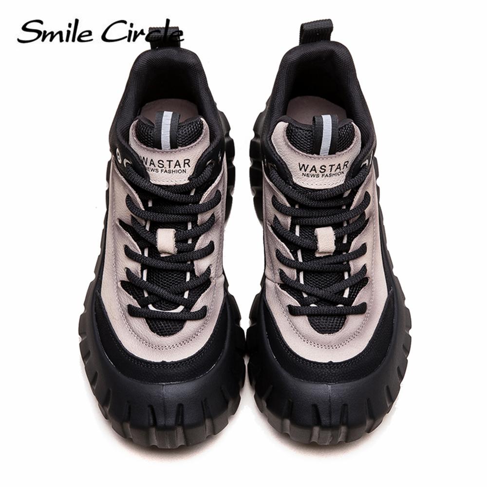 Damen Sneakers aus echtem Leder mit runder Spitze und dicker Unterseite, bequeme modische Freizeitschuhe