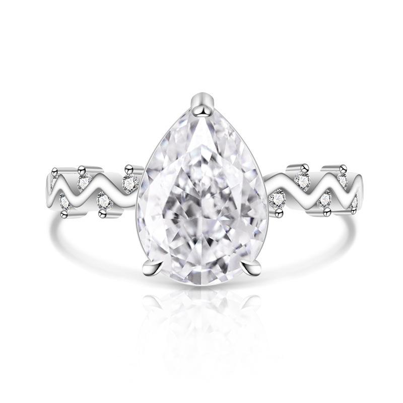 925 Sterling Silver Fashion Light Luxury Water Drop Shaped Pear Shaped Ice Flower Cut Shining Zircon Ladies Elegant Wave Ring белый