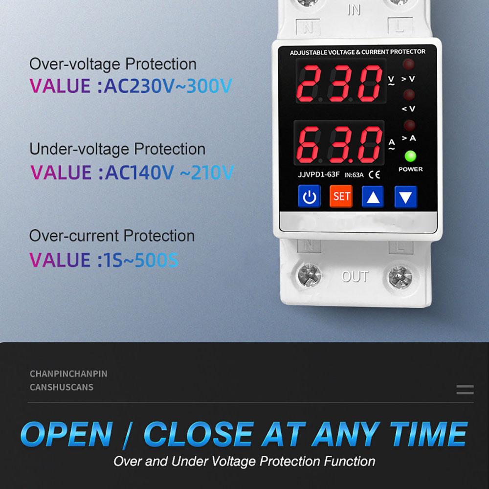 Dual Display 40A 63A 80A 230V Din Rail Adjustable Digital Over Under Voltage Relay Surge Protector Limit Over Current Protection