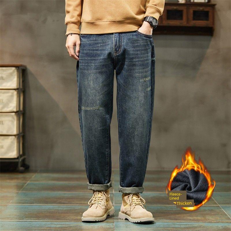 Foreign Trade Surplus Trendy Brand Fleece-Lined Jeans for Men, Autumn and Winter 2023 New Style, Loose Straight-Leg Harem Casual Long Pants