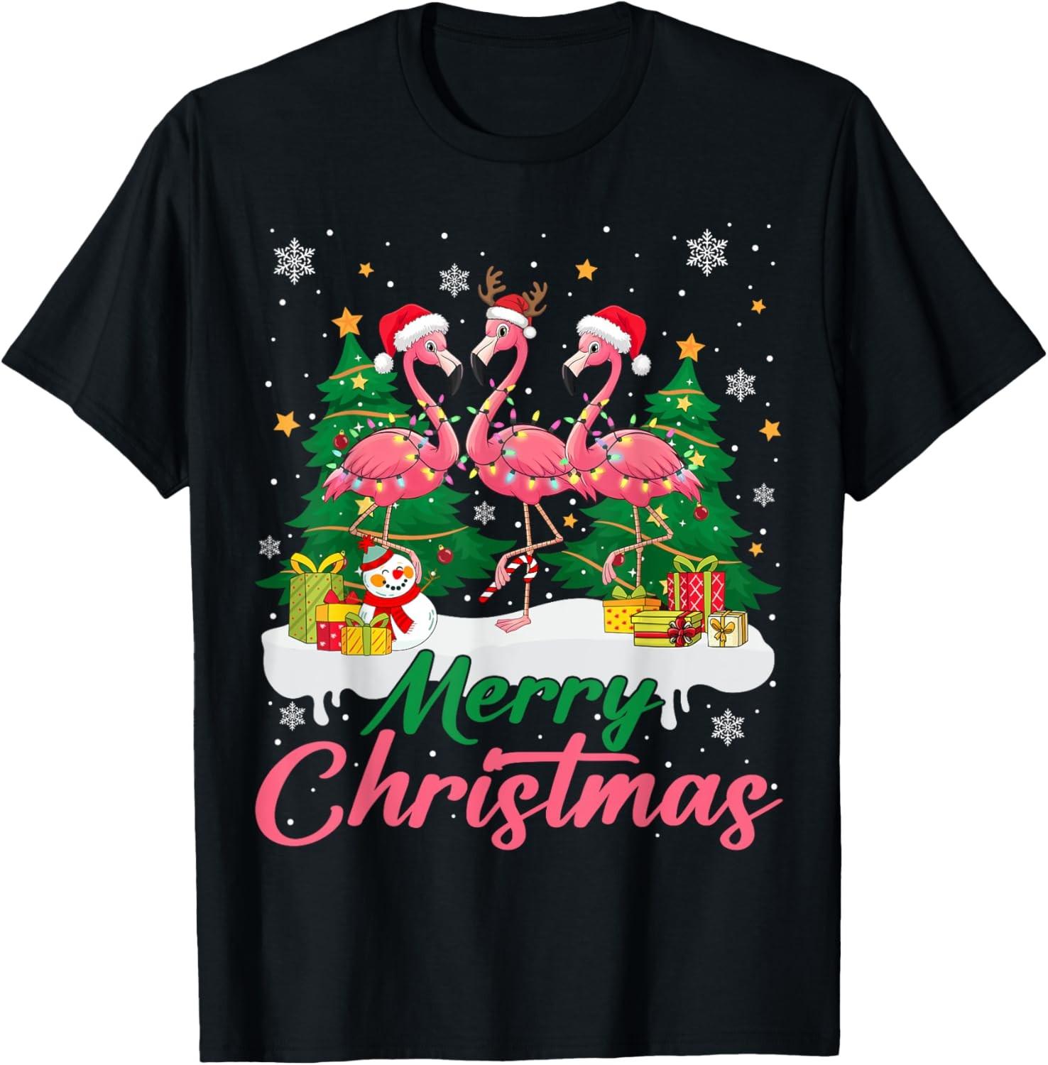 Flamingo Light Christmas Snow Merry Christmas Tree Santa T-Shirt XL